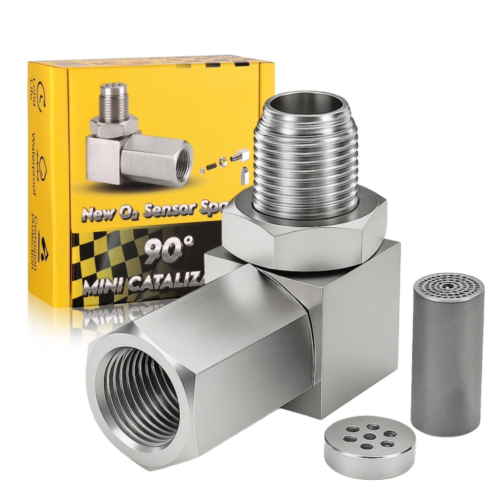 90 Degree Universal M18x1.5 O2 Sensor Spacer with Mini Cat - O2 Sensor Spacer